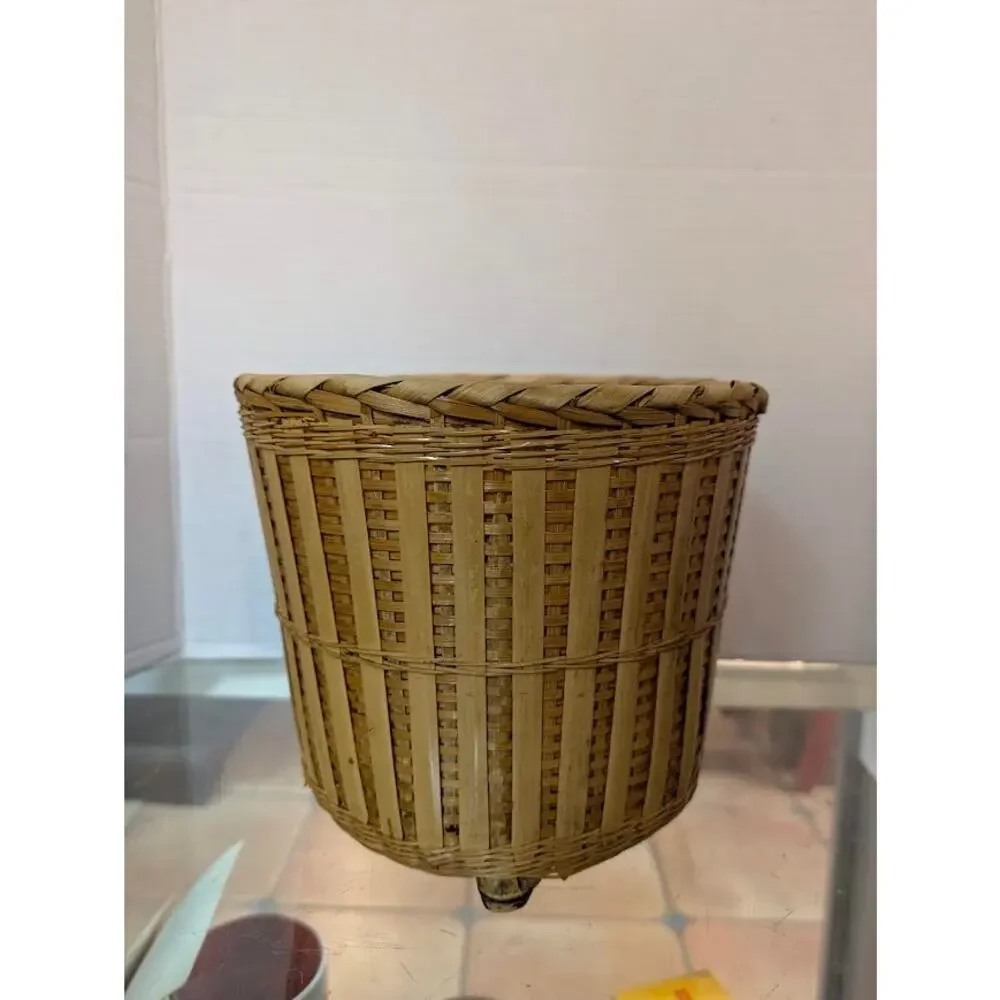 Vintage Woven Bamboo Basket Round Footed Planter Boho Decor 8